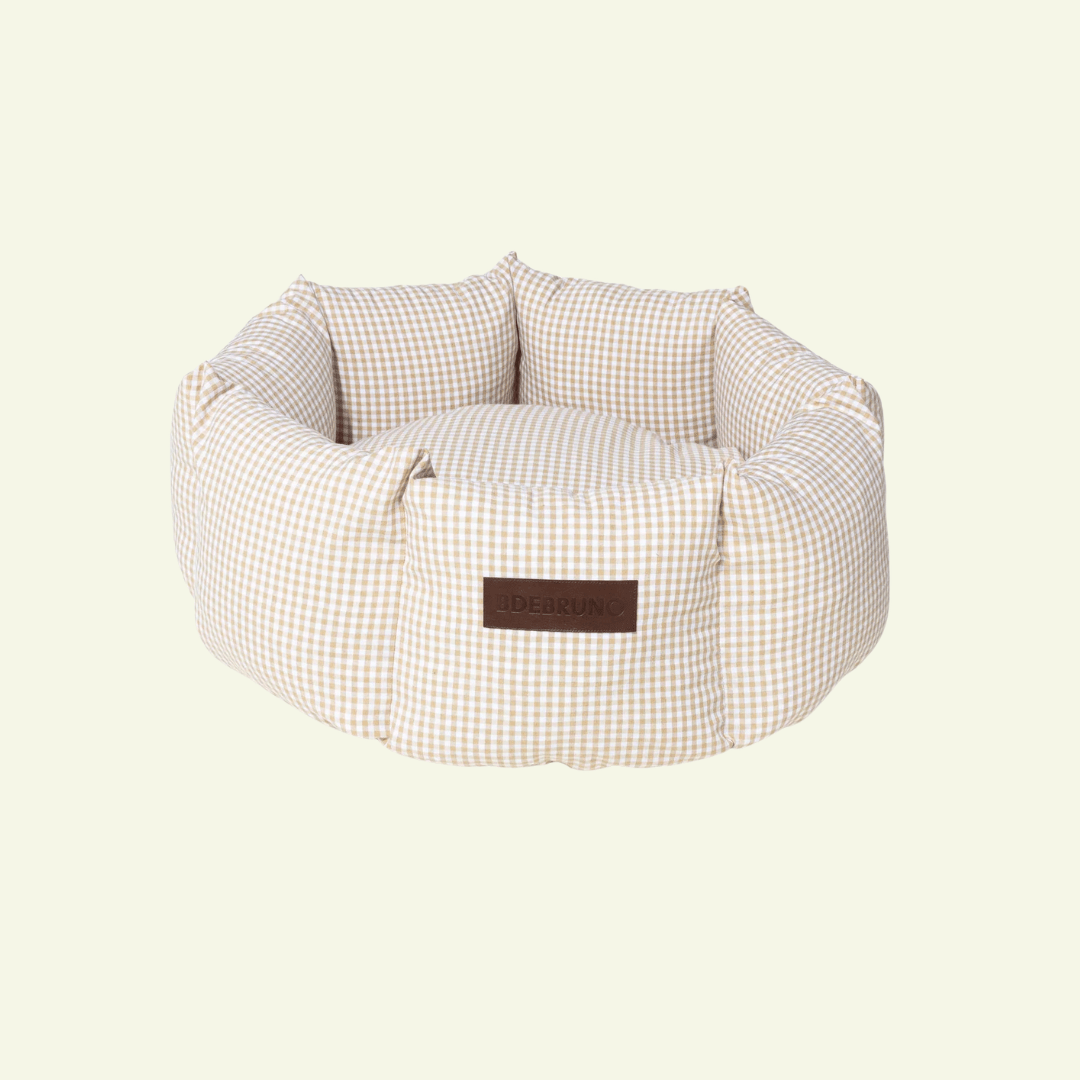 Vichy Cupcake | Panier rond déhoussable pour chien vichy noir ou beige - Jean - Poil - Beige