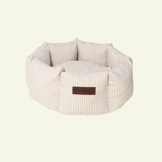 Vichy Cupcake | Panier rond déhoussable pour chien vichy noir ou beige - Jean - Poil - Beige